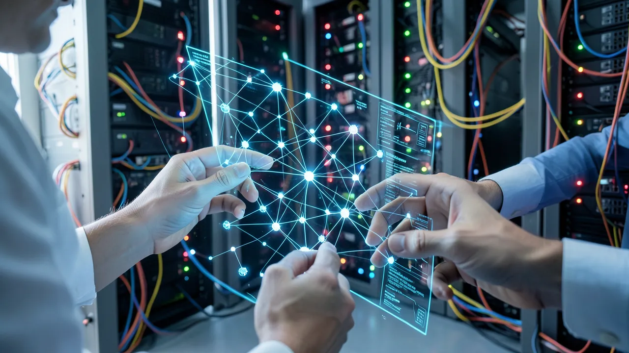 In einem modernen Serverraum sind leuchtende, holografische Netzwerk-Knoten als Datenvisualisierung zu sehen; im Vordergrund interagieren Hände mit einer schwebenden Schnittstelle, dahinter sind Kabel und Geräte erkennbar.